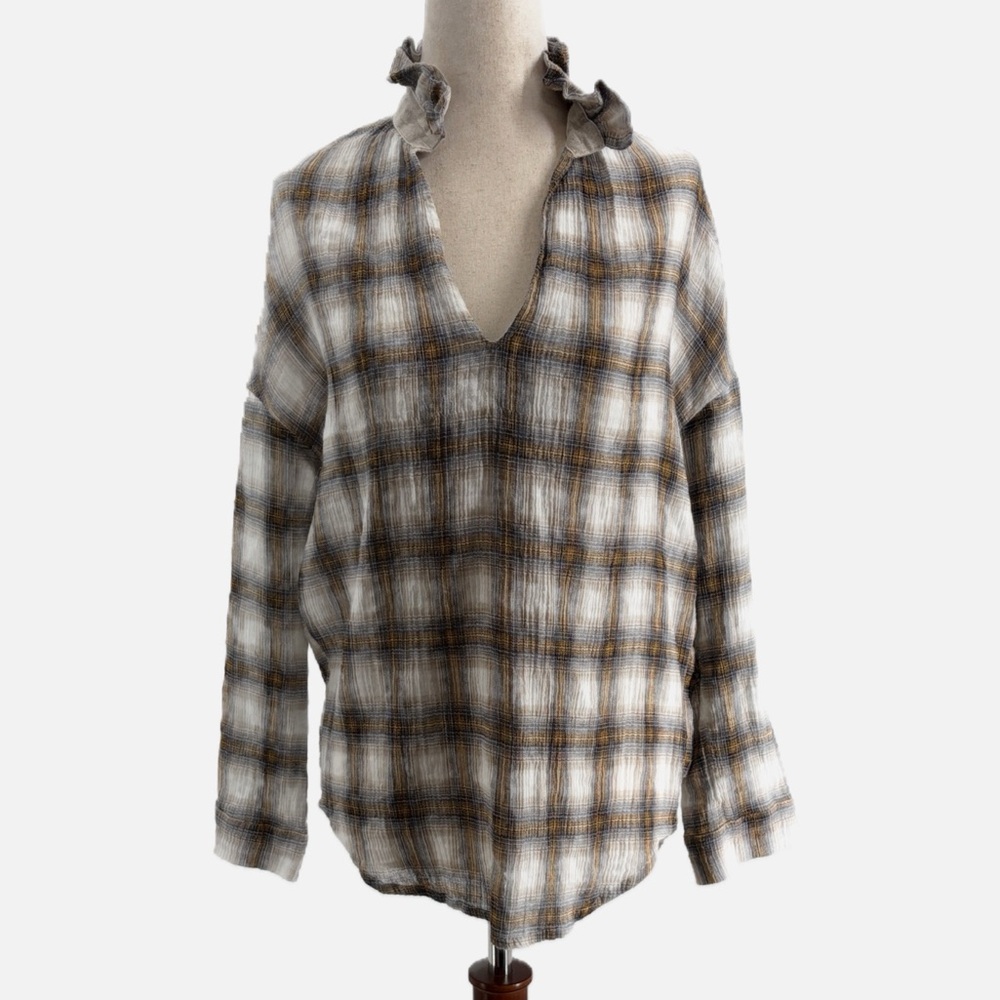 A Shirt Thing Penelope Ruffle Neck Cotton Crinkle Gauze Popover Blouse - Size XS